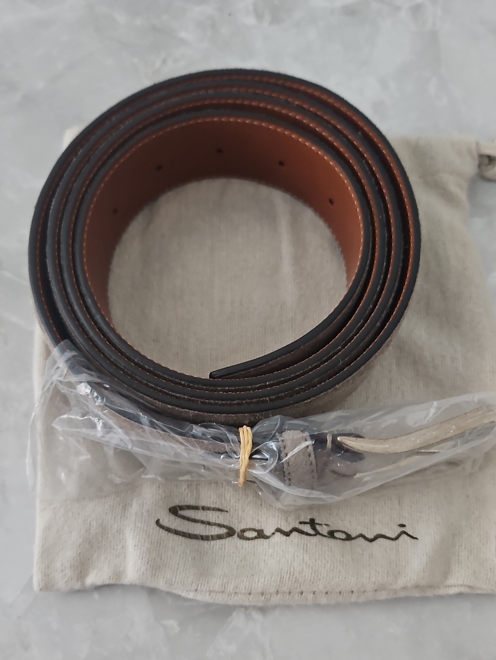 Santoni Brown and Tan Leather Belt with Pouch